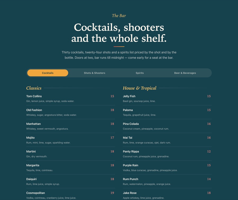 The bar list: cocktails, shots, spirits and beer, in tabs.