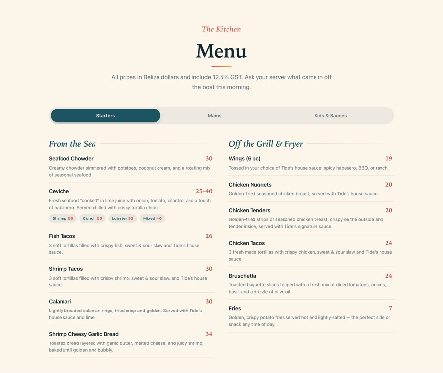The menu, in tabs — starters, mains, kids and sauces — with
                      prices in Belize dollars.