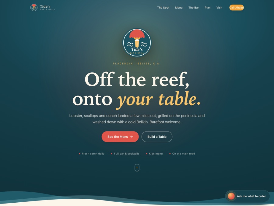 The home page: the logo over a deep teal sea, and the line
                      Off the reef, onto your table.